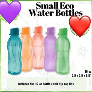 Tupperware Small Eco Water Bottles - Blue, Orange, Pink, Purple, Green - set of